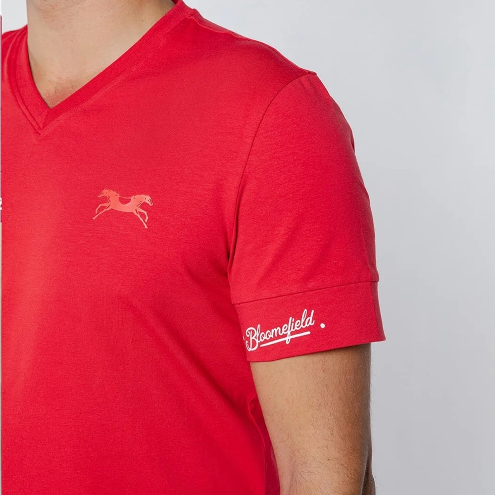 Men's Red V-Neck Shirt with white logo.
